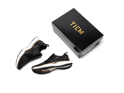 TIEM Athletic Slipstream - Black Gold Limited Edition - Packaging with shoes